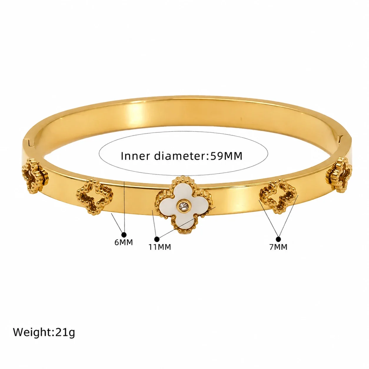 Ornate Gold-Plated Stainless Steel Clover Heart Bangle - Gold Heart Crystal