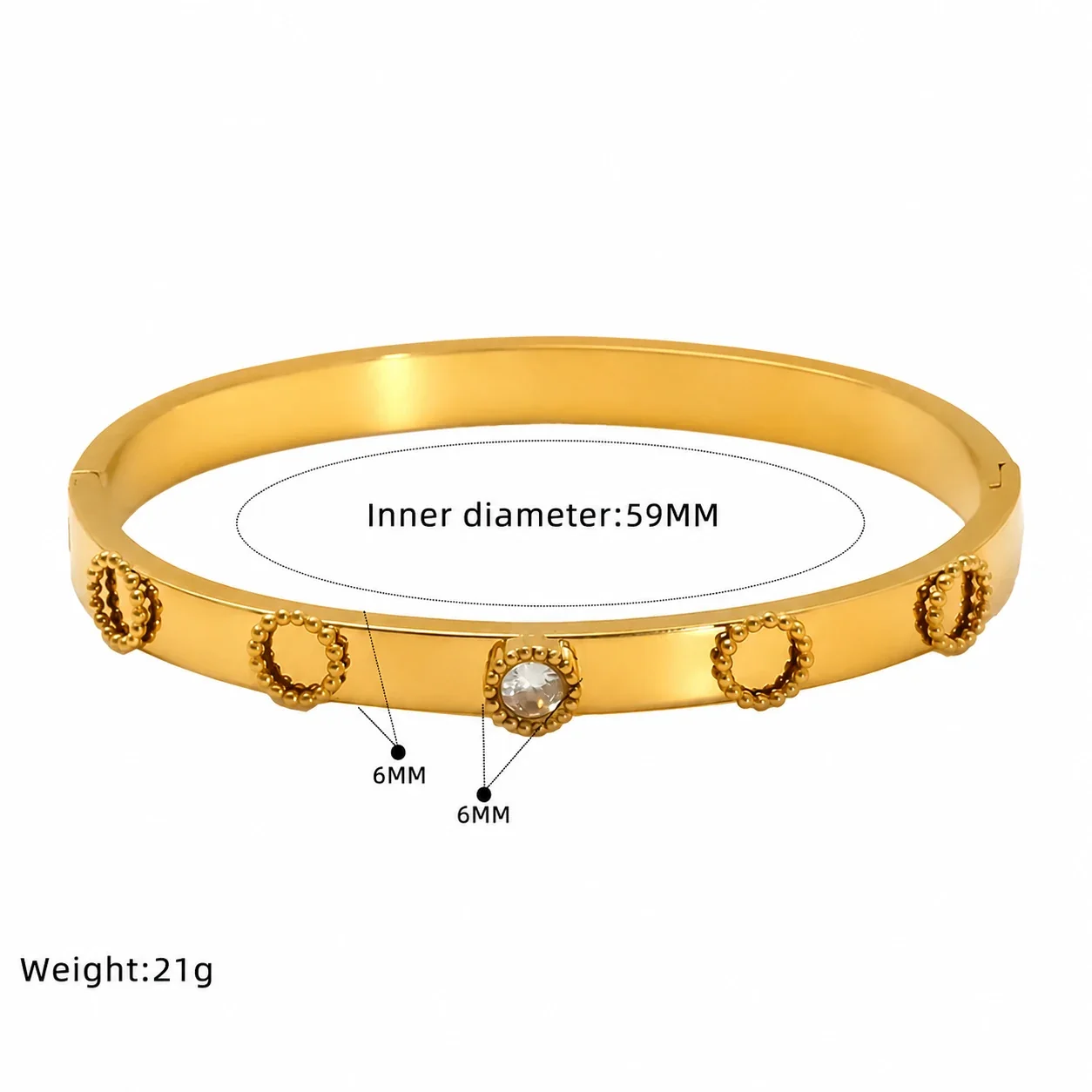 Ornate Gold-Plated Stainless Steel Clover Heart Bangle - Gold Bead Flower