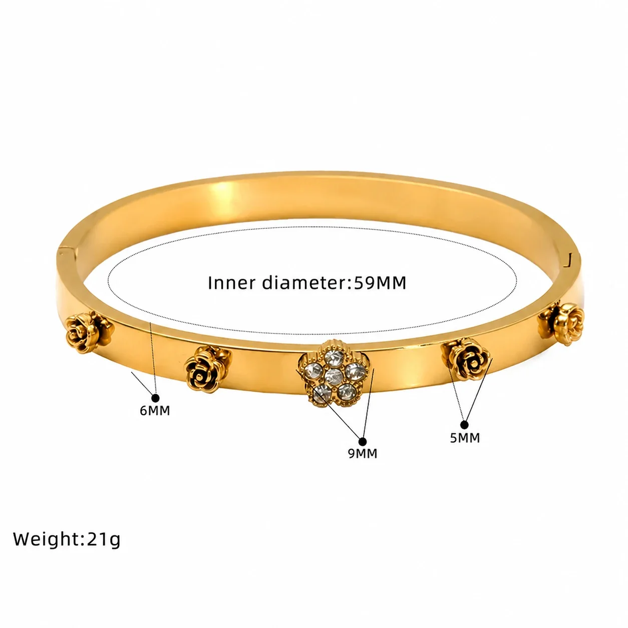 Ornate Gold-Plated Stainless Steel Clover Heart Bangle - Gold Rose Motif