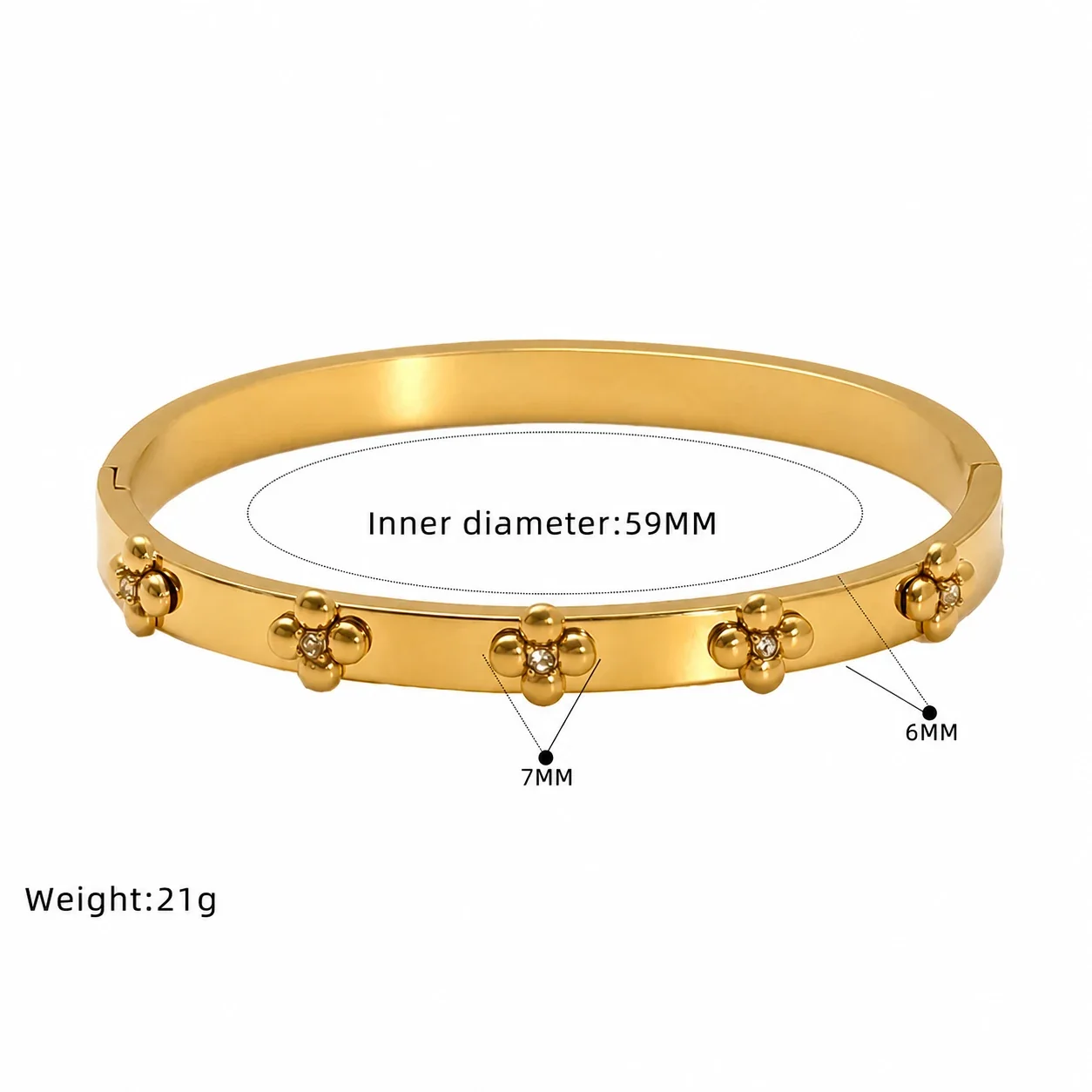 Ornate Gold-Plated Stainless Steel Clover Heart Bangle - Gold Crystal Flower