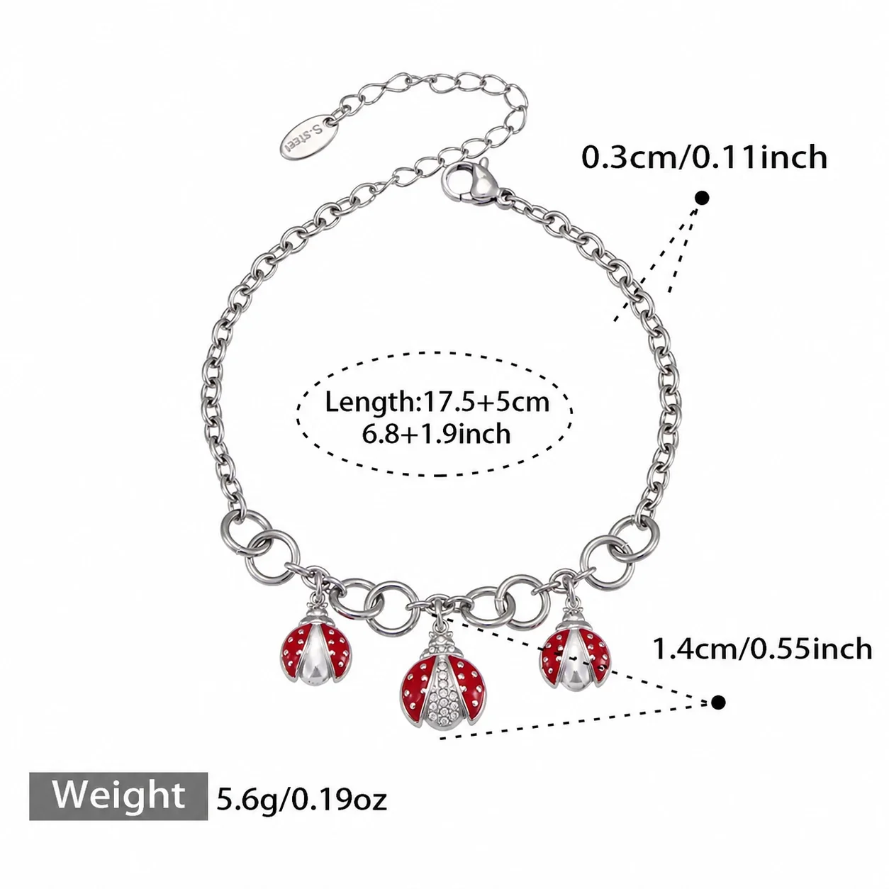 Playful Red Enamel Ladybug Charm Stainless Steel Bracelet - Silver 17.5+5 cm