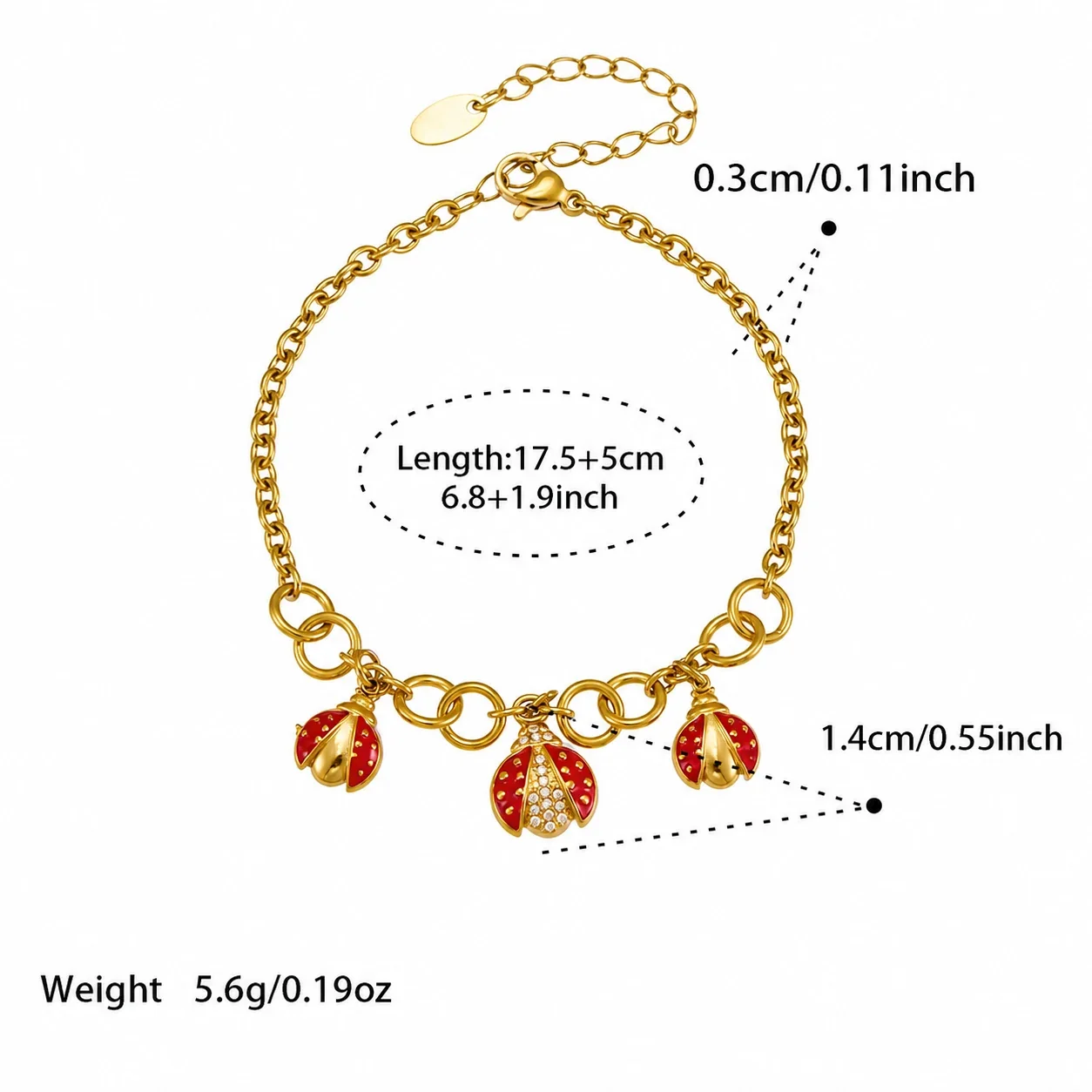 Playful Red Enamel Ladybug Charm Stainless Steel Bracelet - Gold 17.5+5 cm