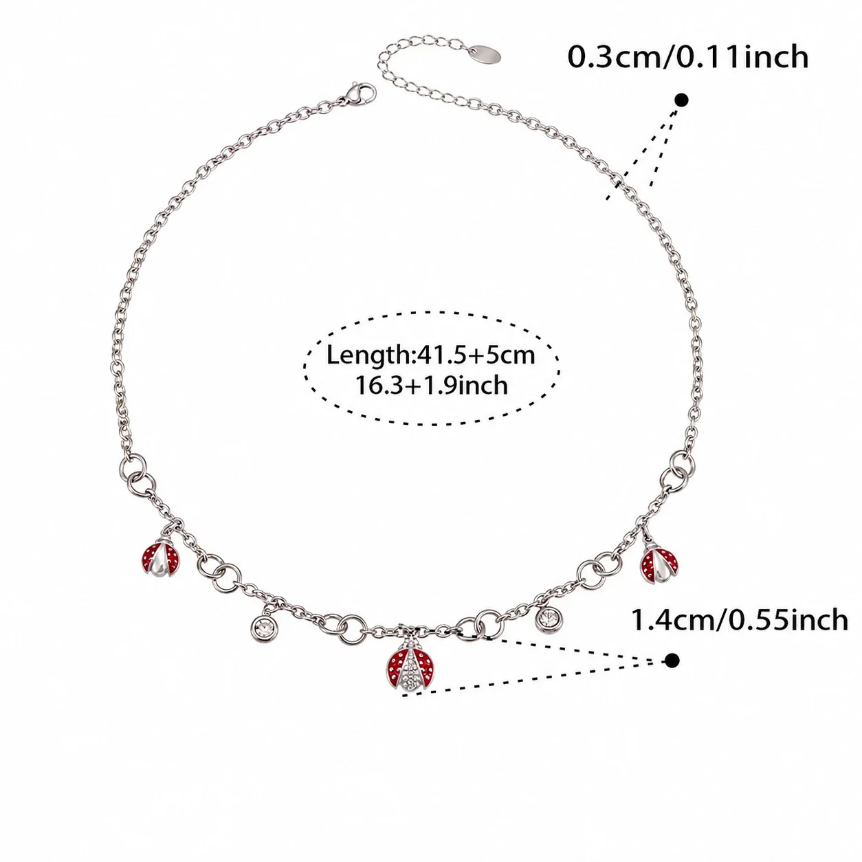 Playful Red Enamel Ladybug Charm Stainless Steel Bracelet - Silver 41.5+5 cm