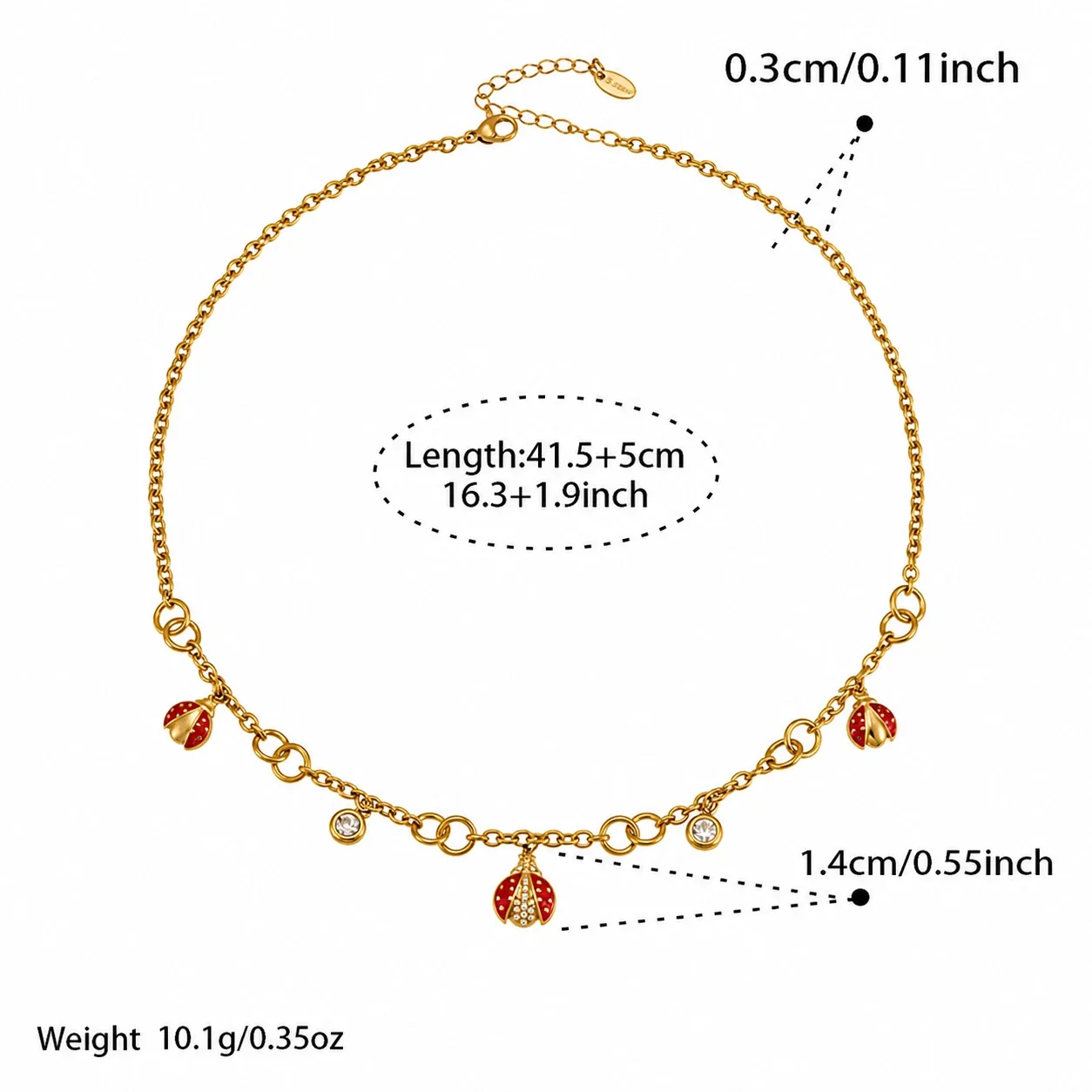 Playful Red Enamel Ladybug Charm Stainless Steel Bracelet - Gold 41.5+5 cm