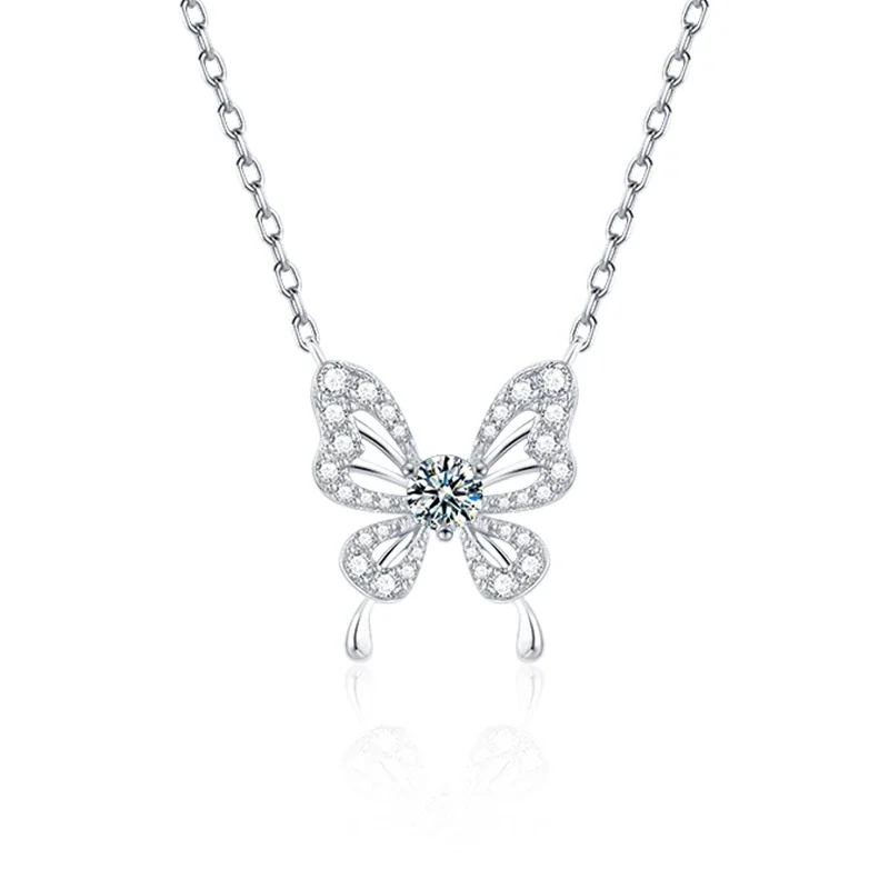Graceful 925 Sterling Silver Pavé Butterfly Moissanite Pendant Necklace