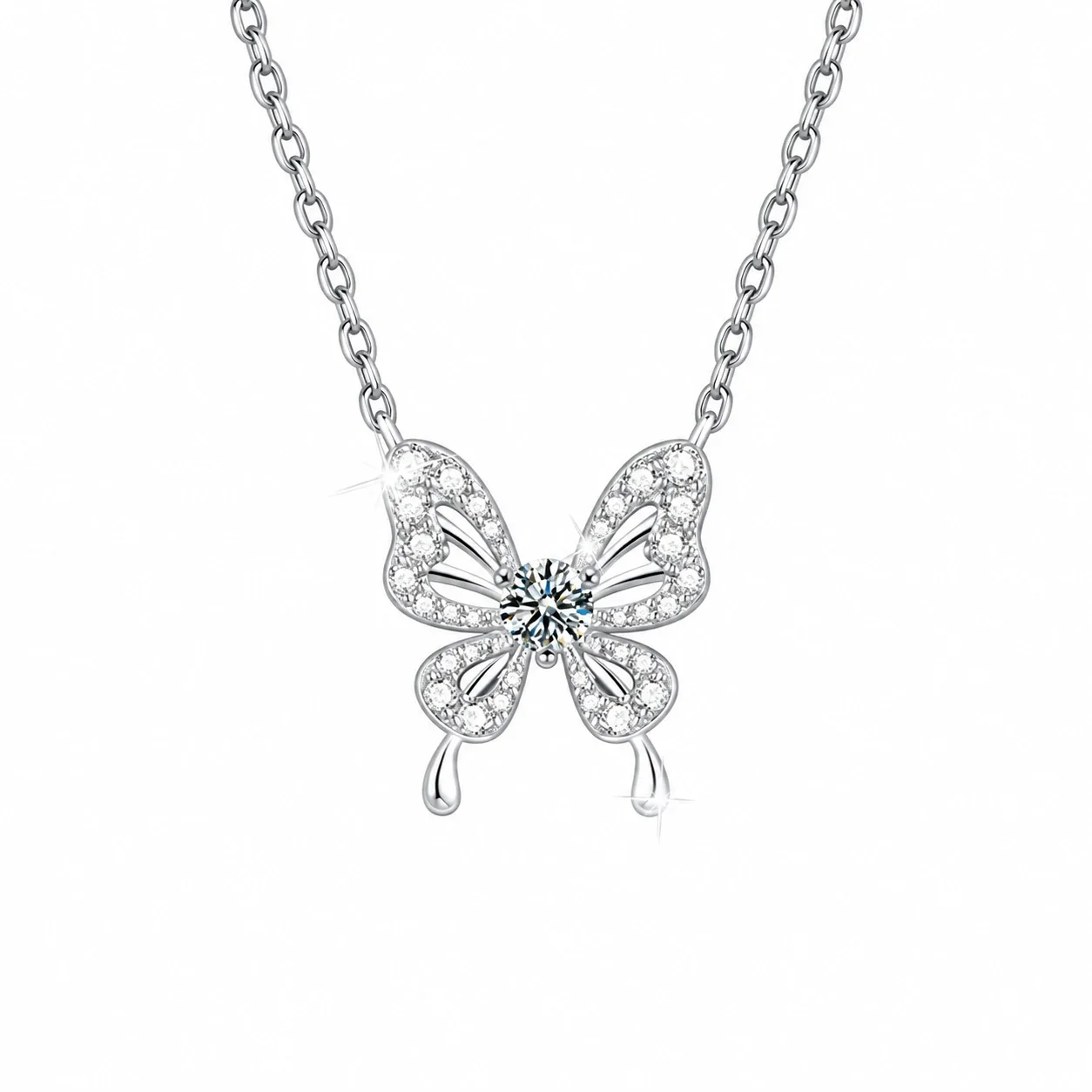 Graceful 925 Sterling Silver Pavé Butterfly Pendant Necklace