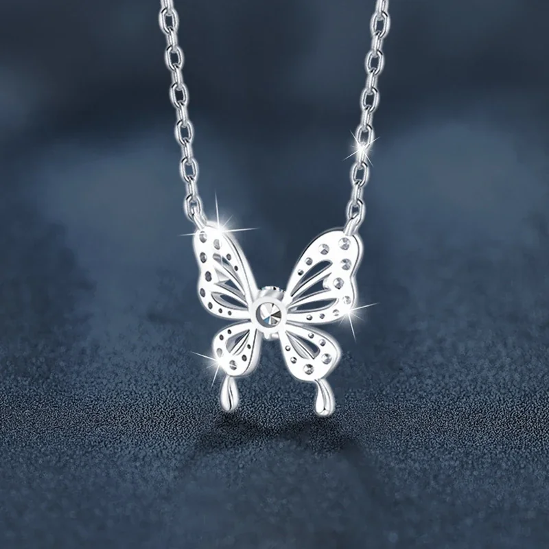 Graceful 925 Sterling Silver Pavé Butterfly Pendant Necklace