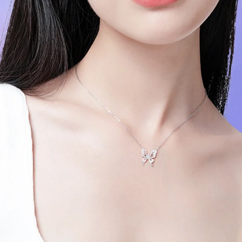 Graceful 925 Sterling Silver Pavé Butterfly Pendant Necklace