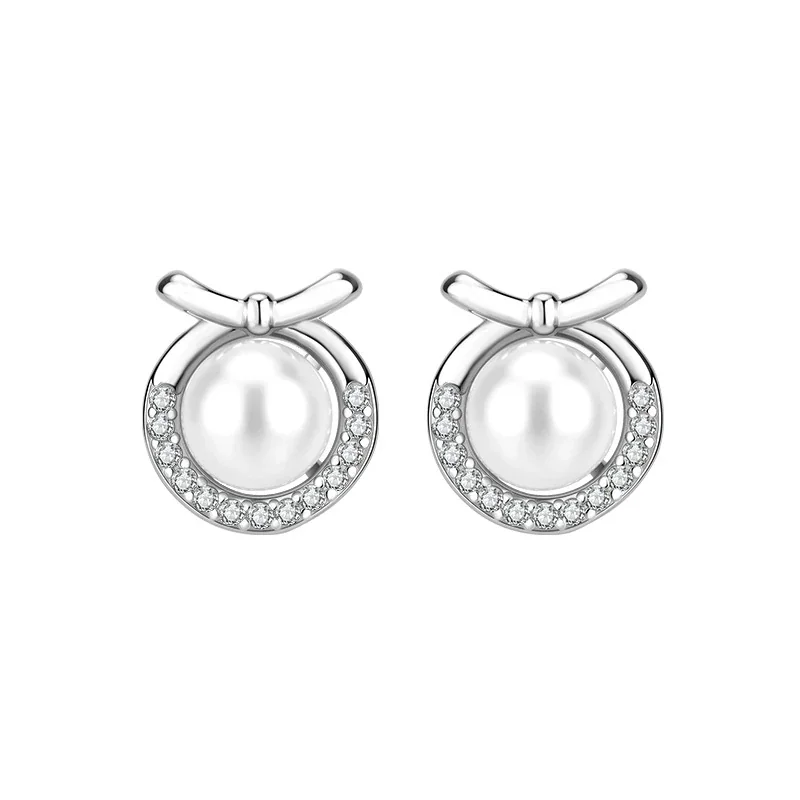 Polished Bow Crescent Pearl Pavé Stud Earrings