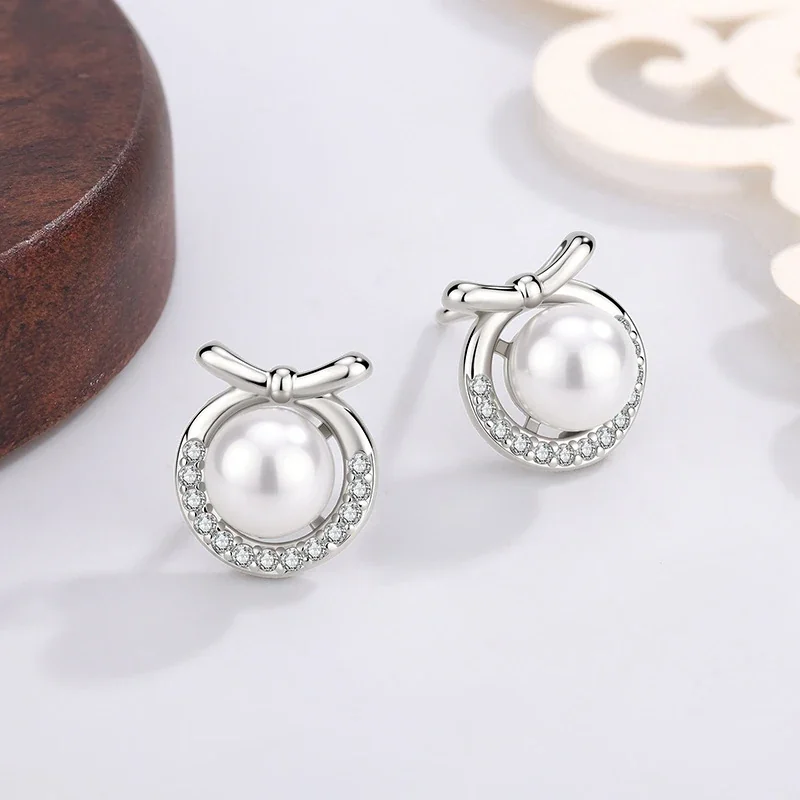 Polished Bow Crescent Pearl Pavé Stud Earrings