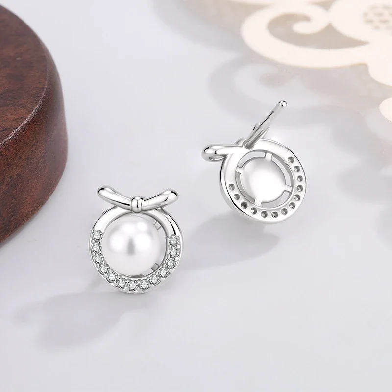 Polished Bow Crescent Pearl Pavé Stud Earrings