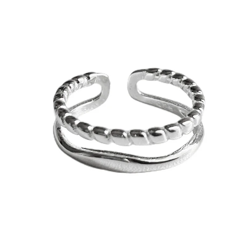 Modern 925 Sterling Silver Beaded Double-Band Open Ring