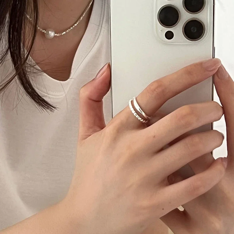 Modern 925 Sterling Silver Beaded Double-Band Open Ring