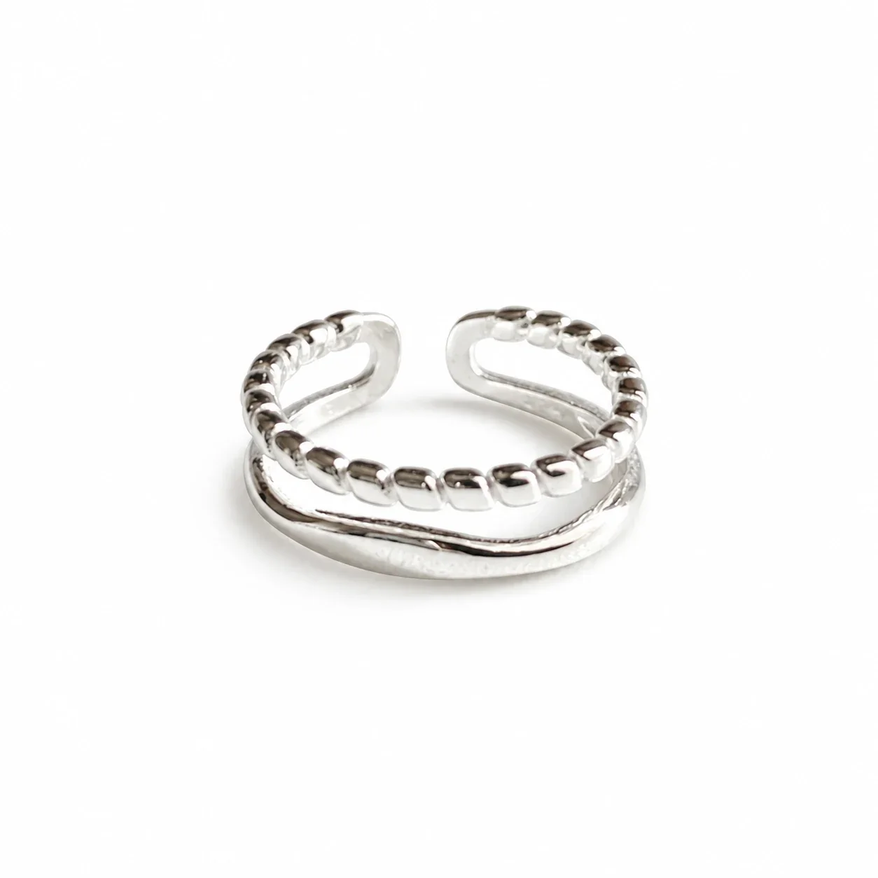 Modern 925 Sterling Silver Beaded Double-Band Open Ring