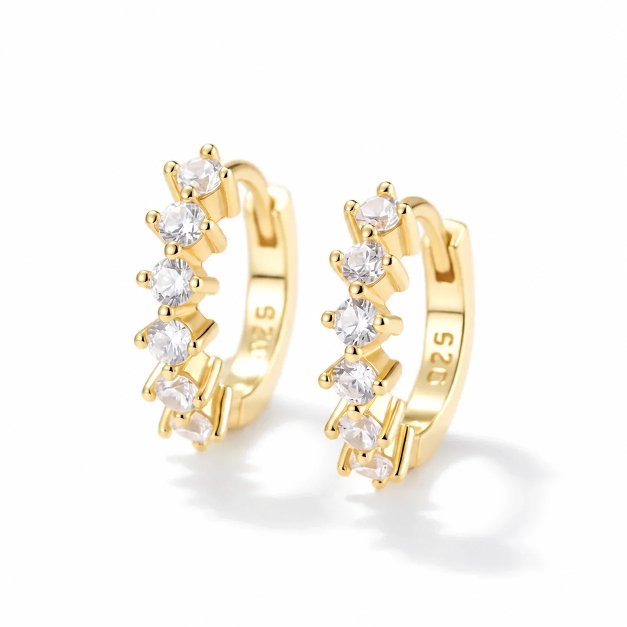 Curved 925 Sterling Silver Round and Baguette Hoop Earrings