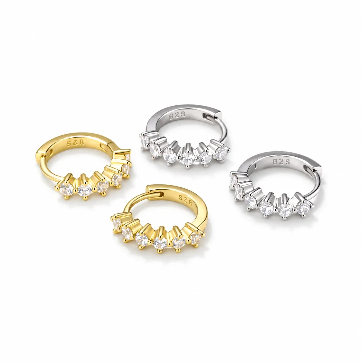 Curved 925 Sterling Silver Round and Baguette Hoop Earrings