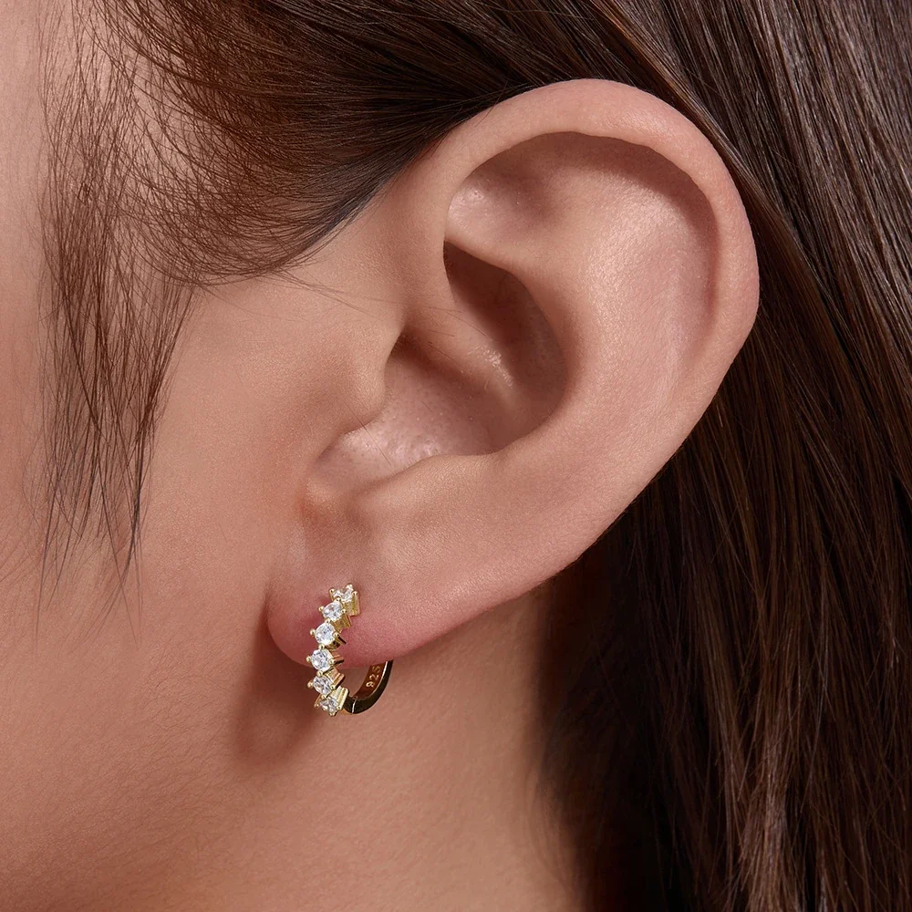 Curved 925 Sterling Silver Round and Baguette Hoop Earrings