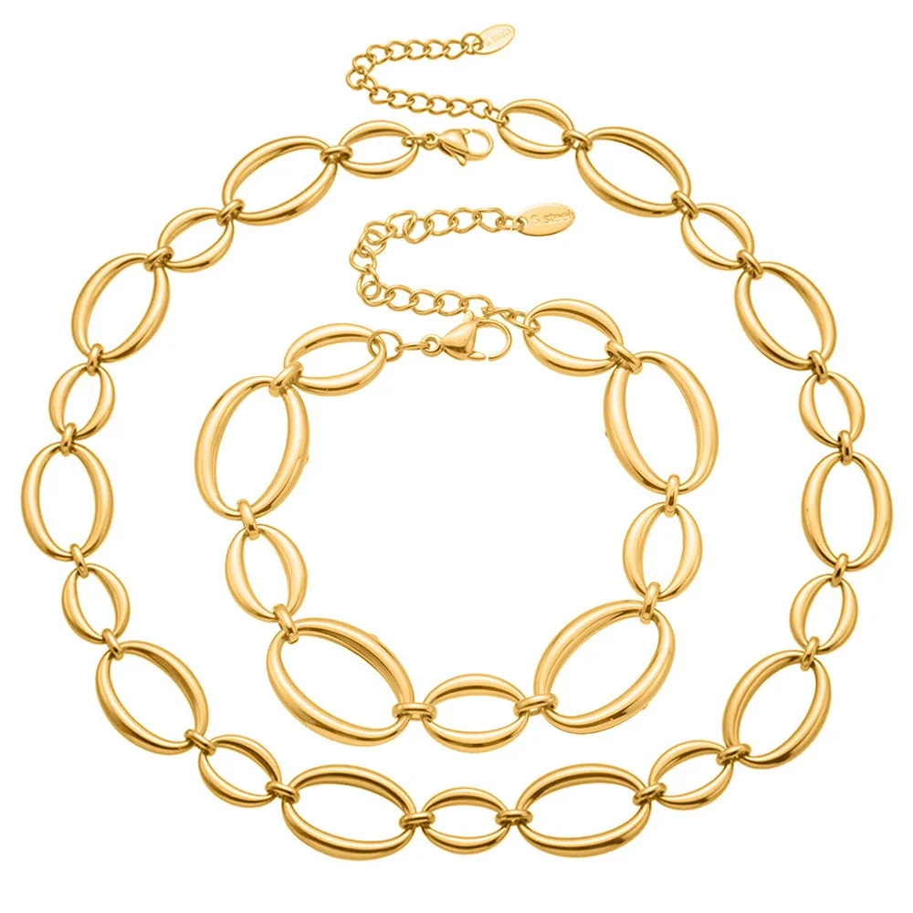 Sculptural Gold-Plated Open Oval Link Lobster Clasp Necklace & Bracelet