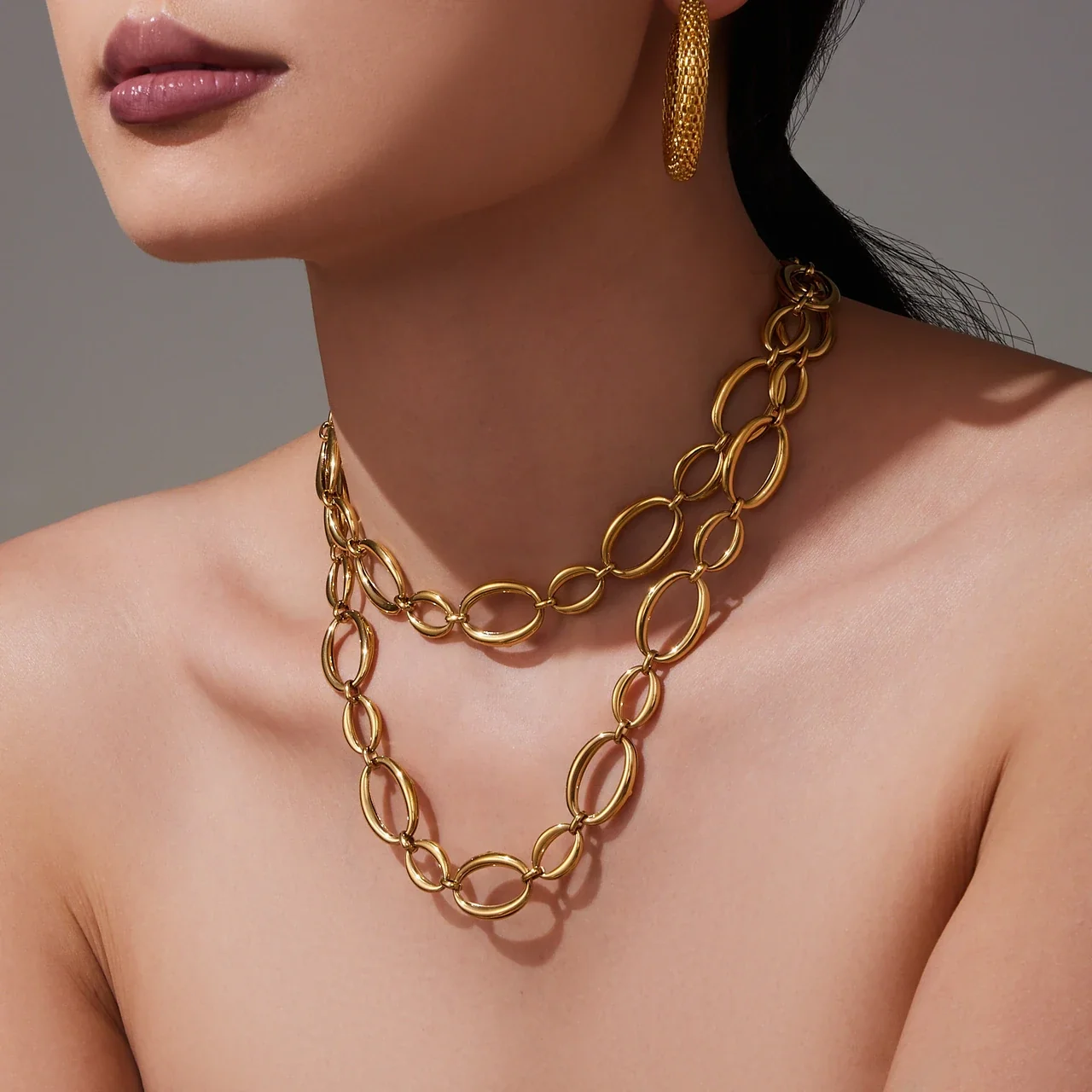 Sculptural Gold-Plated Open Oval Link Lobster Clasp Set