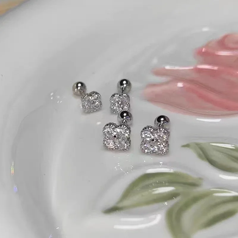 Petite Silver-Plated Clover Pavé Ball-Back Copper Stud Earrings