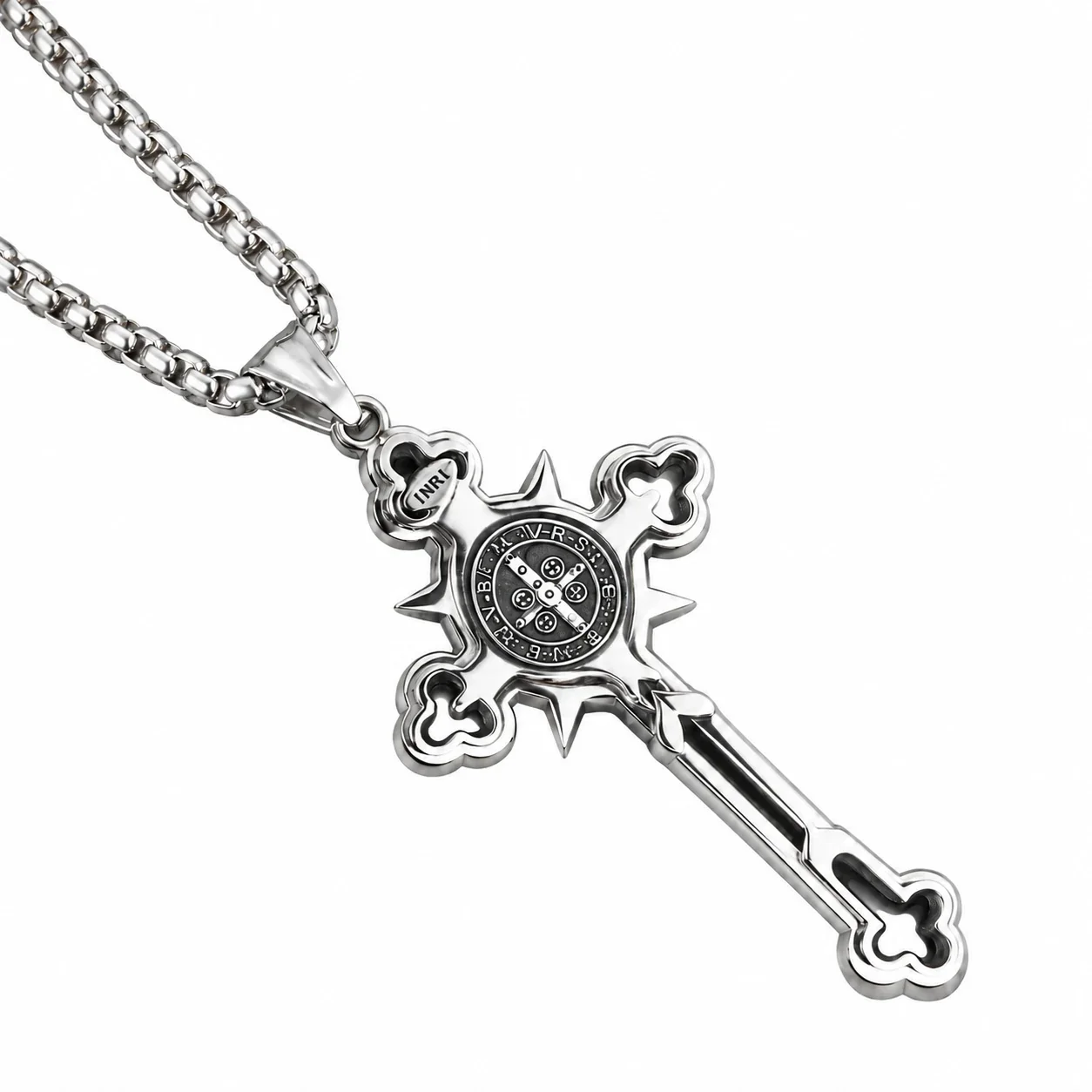 Ornate Stainless Steel Cross Medallion Box Chain Necklace