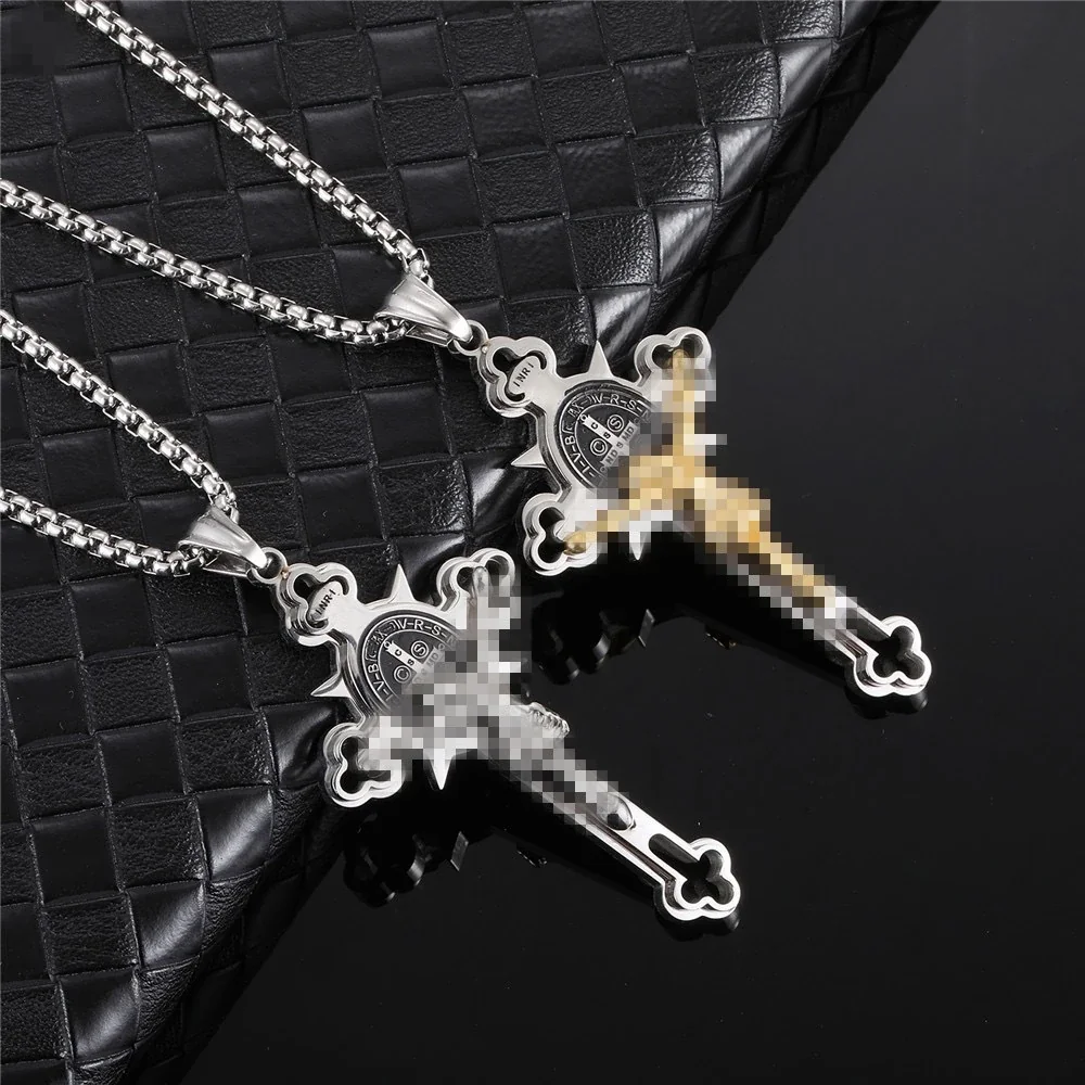 Ornate Stainless Steel Cross Medallion Box Chain Necklace