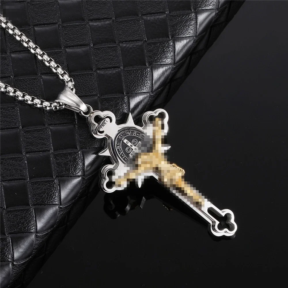 Ornate Stainless Steel Cross Medallion Box Chain Necklace