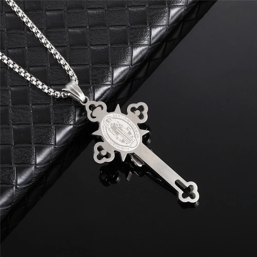 Ornate Stainless Steel Cross Medallion Box Chain Necklace