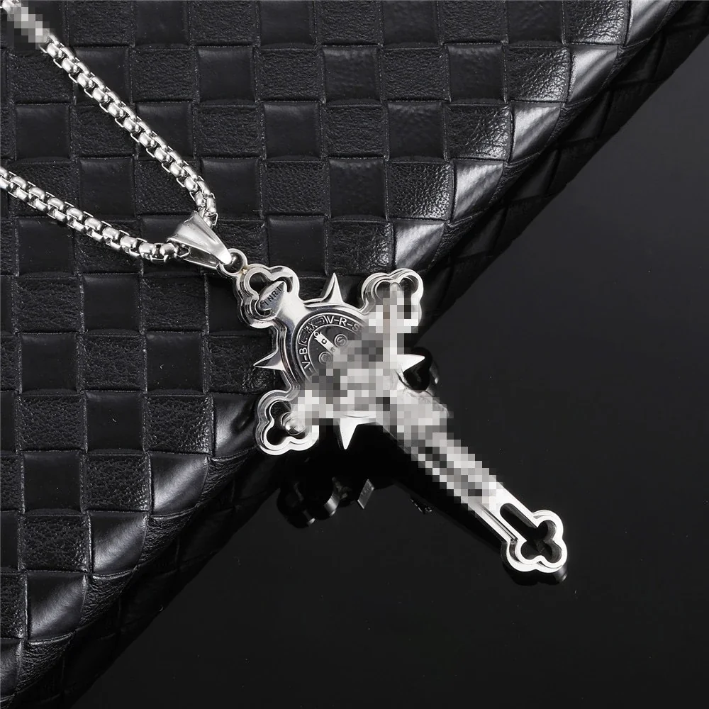 Ornate Stainless Steel Cross Medallion Box Chain Necklace - Polished Steel with