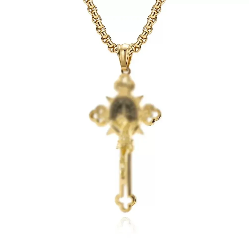 Ornate Stainless Steel Cross Medallion Box Chain Necklace - Gold-Tone with