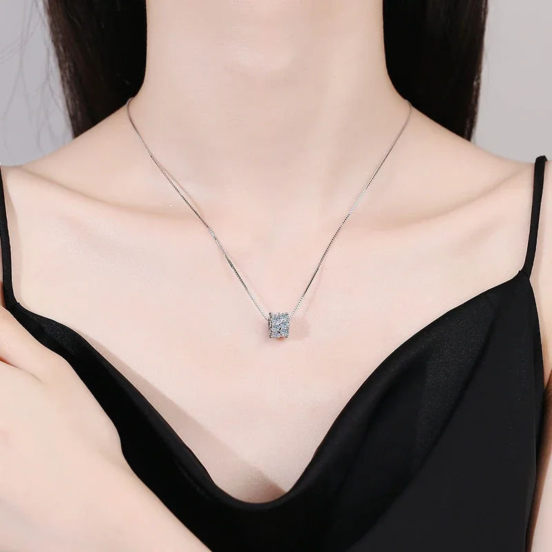 Radiant 925 Sterling Silver Box Chain Pavé Barrel Necklace