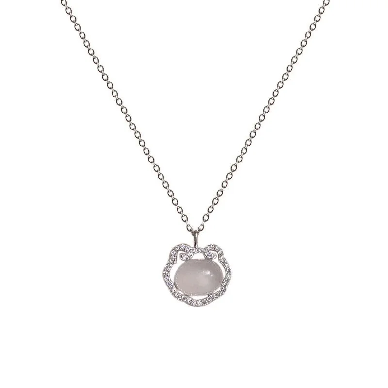Ornate 925 Sterling Silver Oval Chalcedony Pavé Lock Necklace