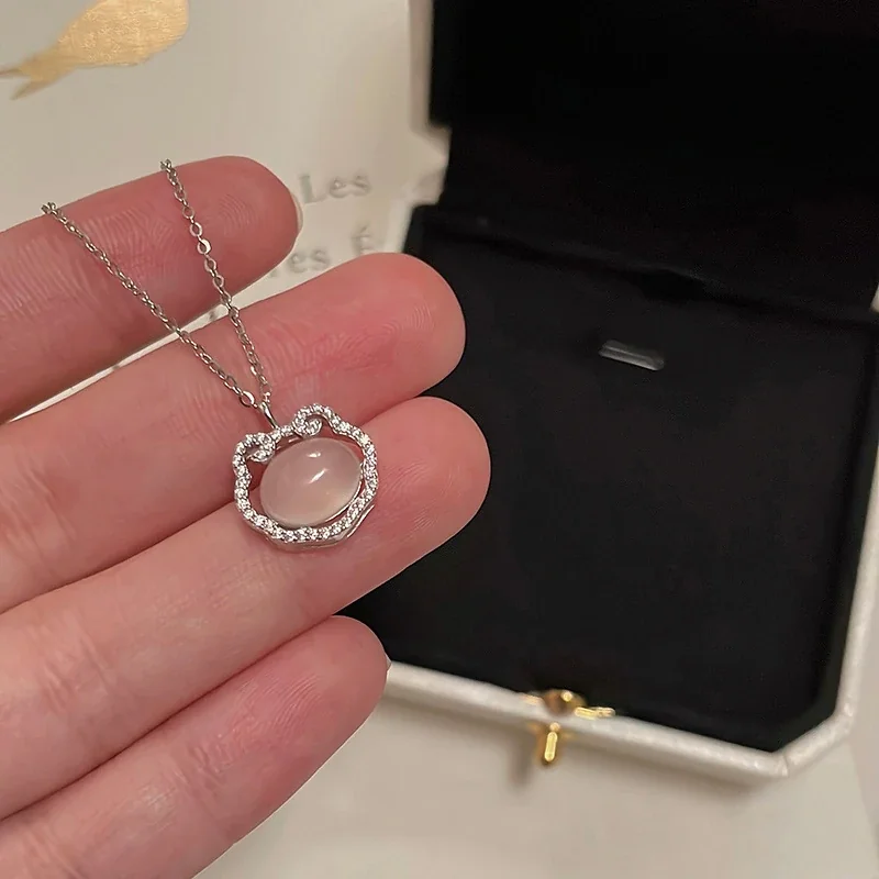 Ornate 925 Sterling Silver Oval Chalcedony Pavé Lock Necklace