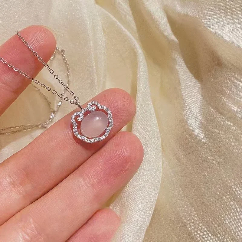 Ornate 925 Sterling Silver Oval Chalcedony Pavé Lock Necklace