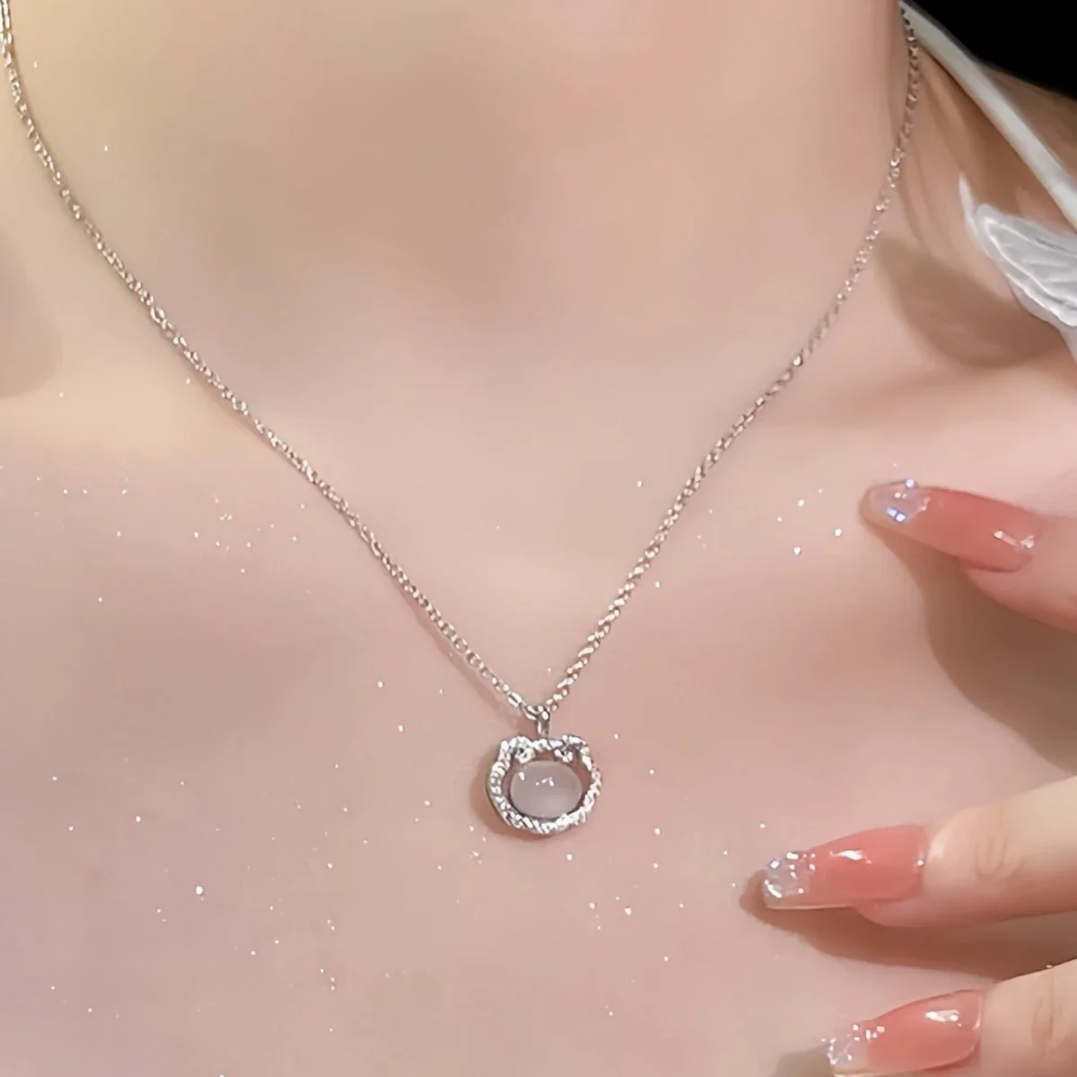 Ornate 925 Sterling Silver Oval Chalcedony Pavé Lock Necklace