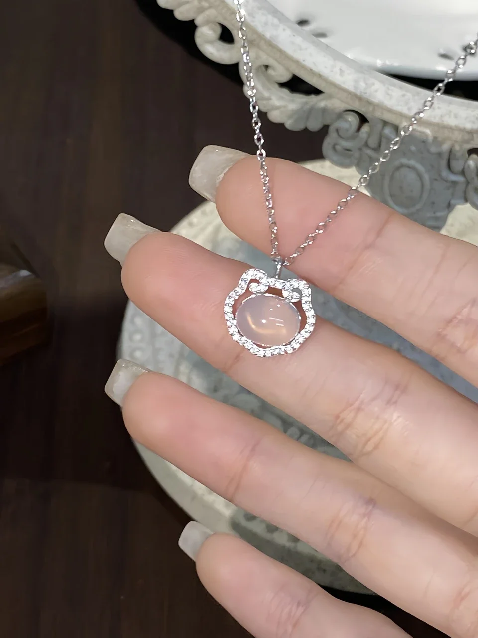 Ornate 925 Sterling Silver Oval Chalcedony Pavé Lock Necklace - Silver