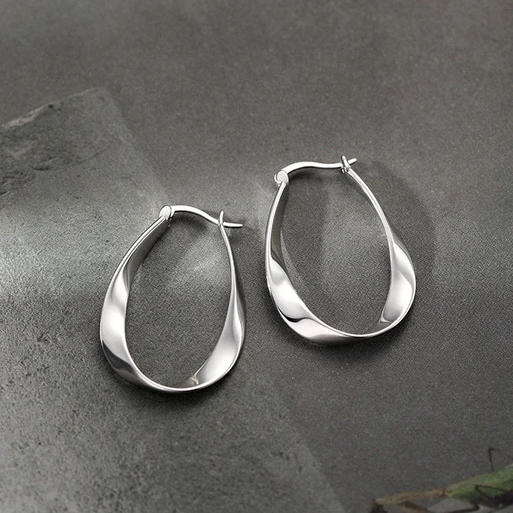 Sculptural 925 Sterling Silver Twisted Teardrop Hoop Earrings