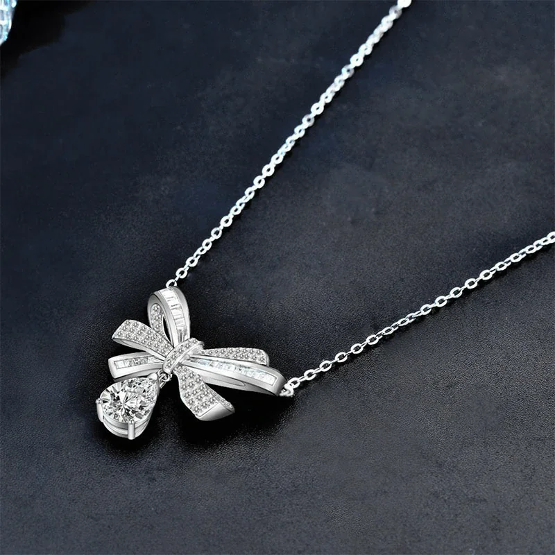 Ribbon Bow Pear-Cut Moissanite 925 Sterling Silver Necklace