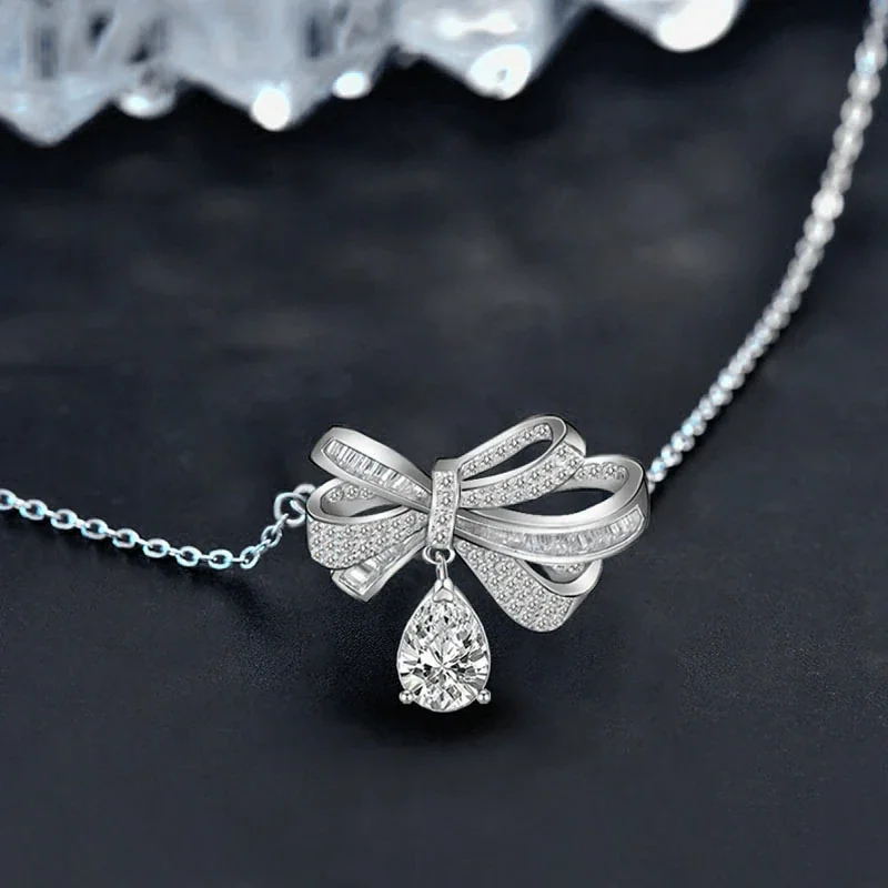 Ribbon Bow Pear-Cut Moissanite 925 Sterling Silver Necklace