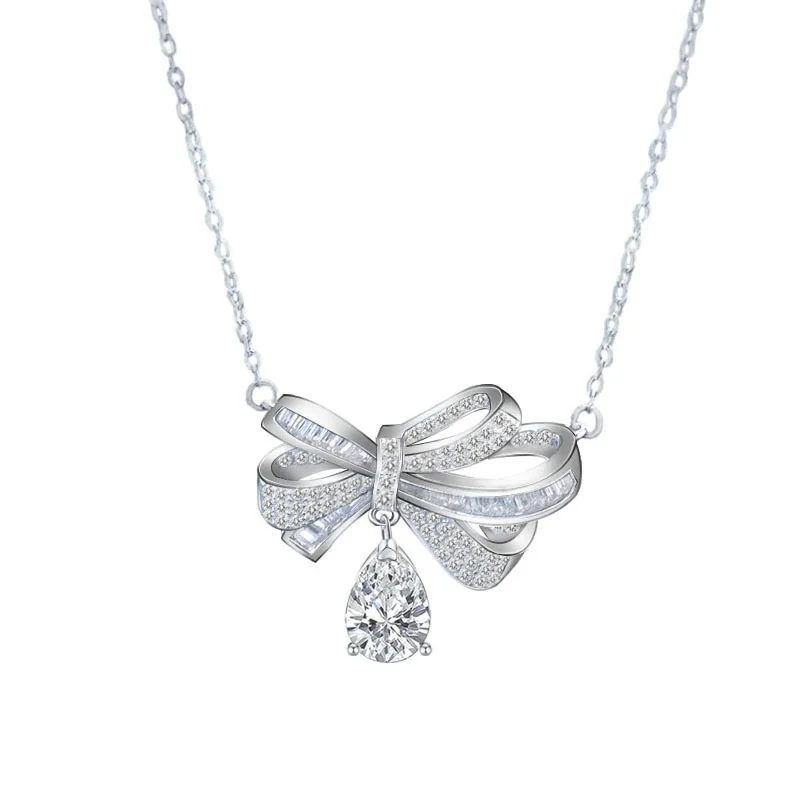 Ribbon Bow Pear-Cut Moissanite 925 Sterling Silver Necklace