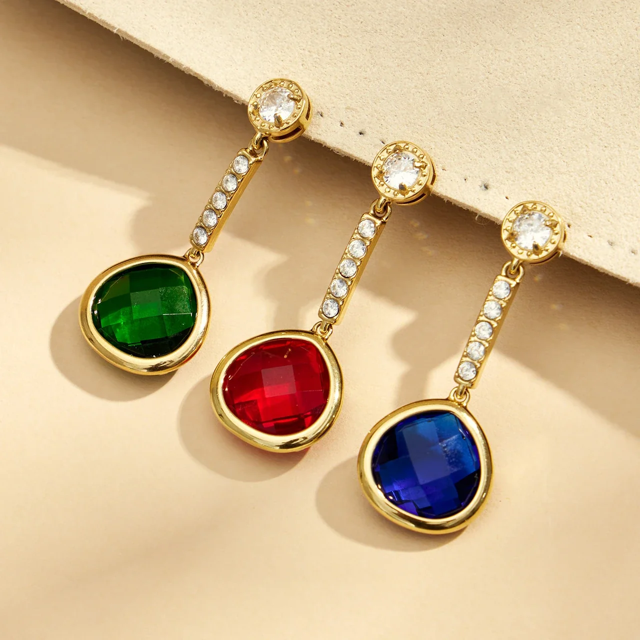 Vivid Gold-Plated Teardrop Glass Bar Drop Earrings