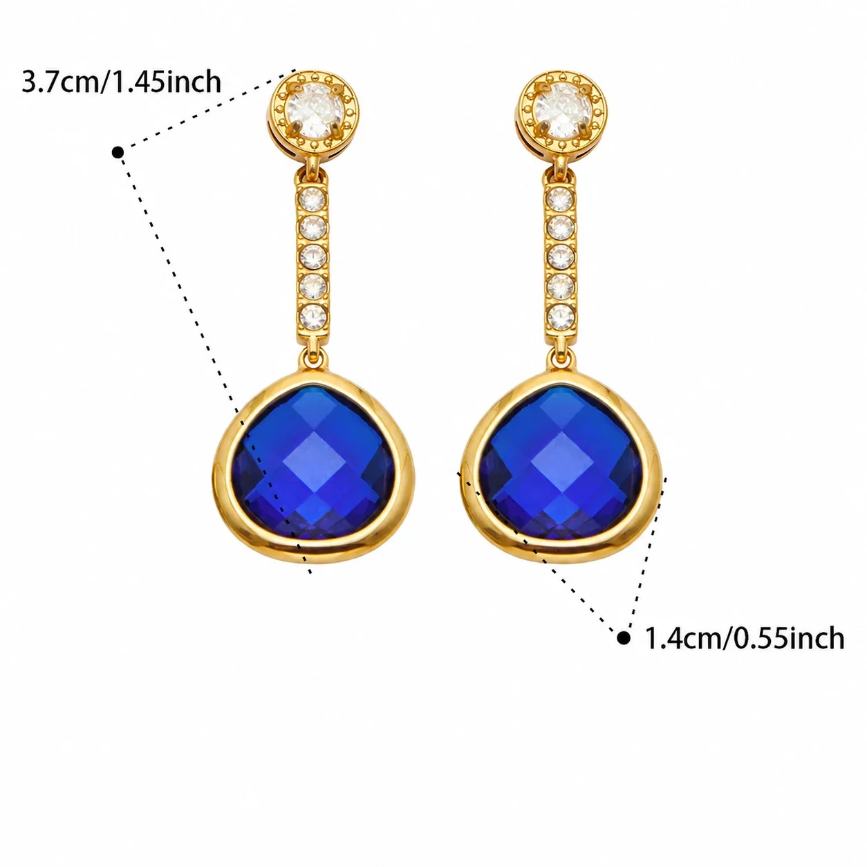 Vivid Gold-Plated Teardrop Glass Bar Drop Earrings - Gold Blue Glass