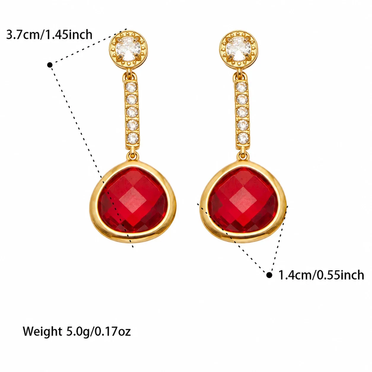 Vivid Gold-Plated Teardrop Glass Bar Drop Earrings - Gold Red Glass