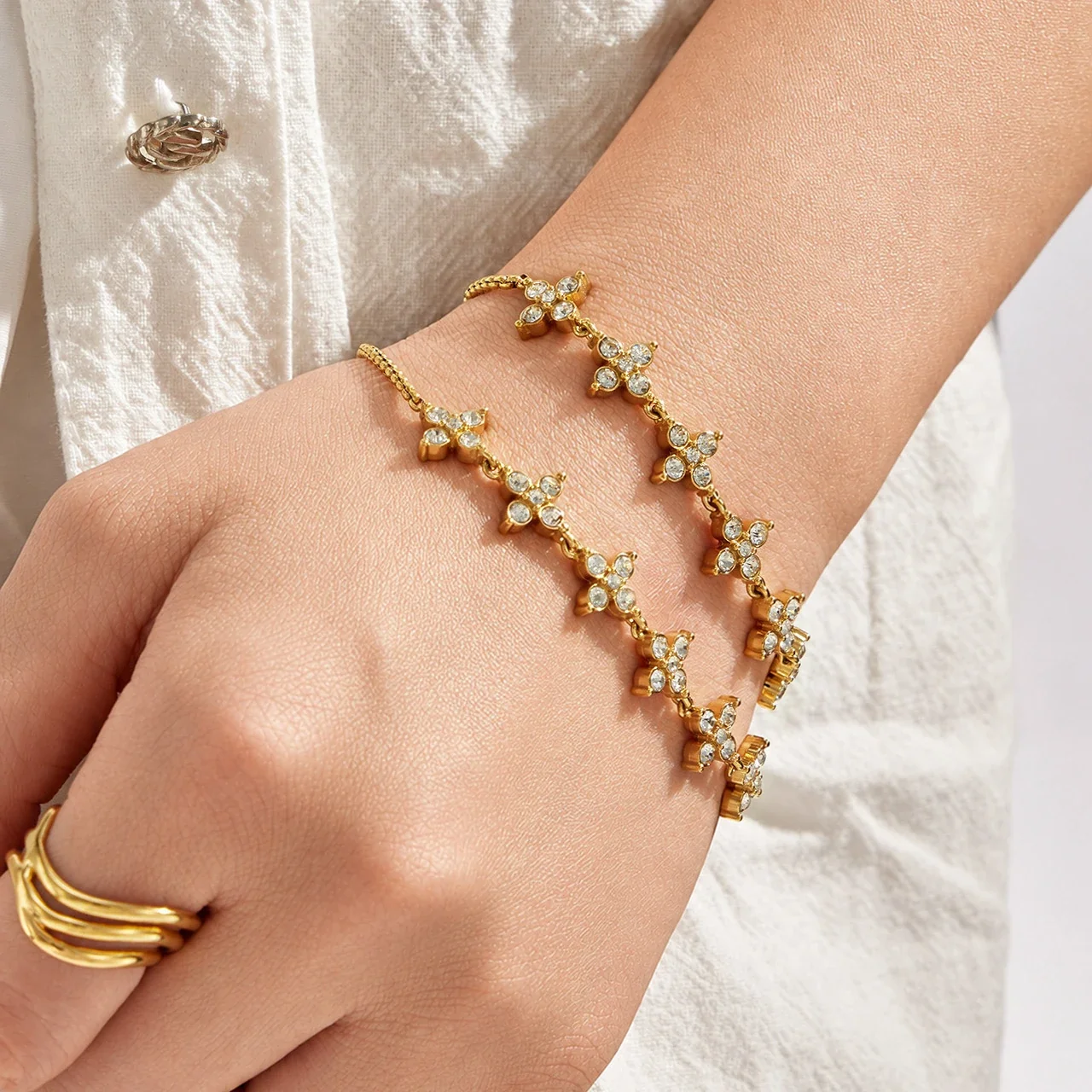 Radiant Gold-Plated Clover CZ Slider Bracelet