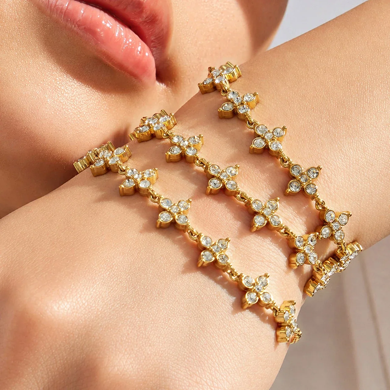 Radiant Gold-Plated Clover CZ Slider Bracelet