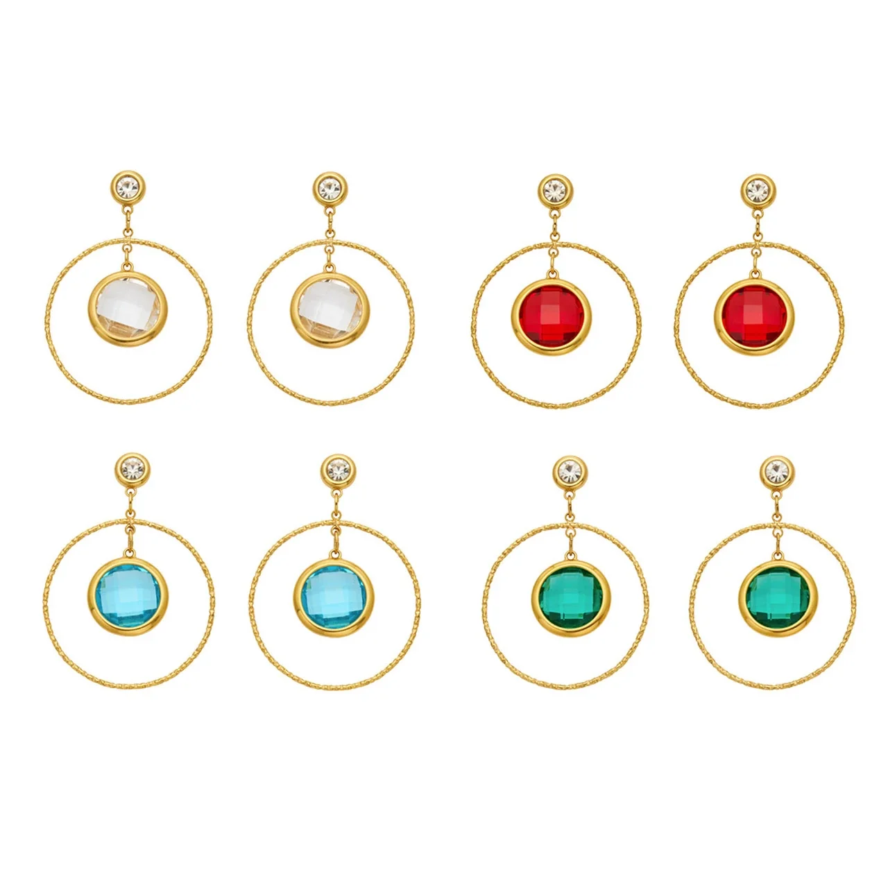 Textured Gold PVD Hoop Bezel Crystal Drop Earrings