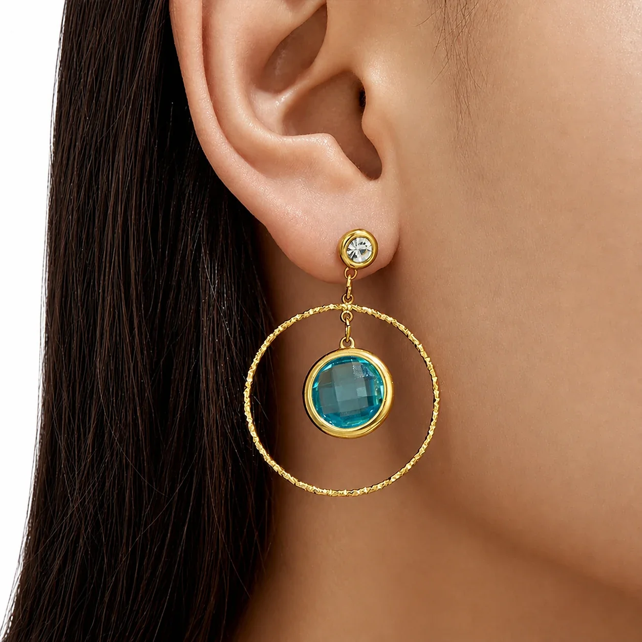 Textured Gold PVD Hoop Bezel Crystal Drop Earrings