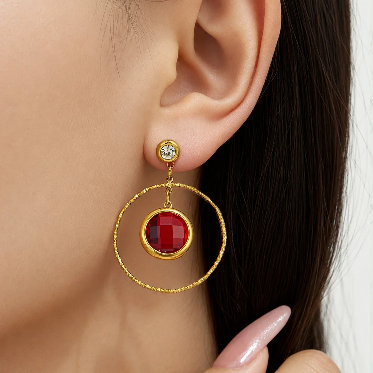 Textured Gold PVD Hoop Bezel Crystal Drop Earrings
