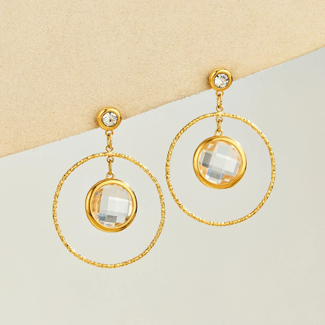 Textured Gold PVD Hoop Bezel Crystal Drop Earrings