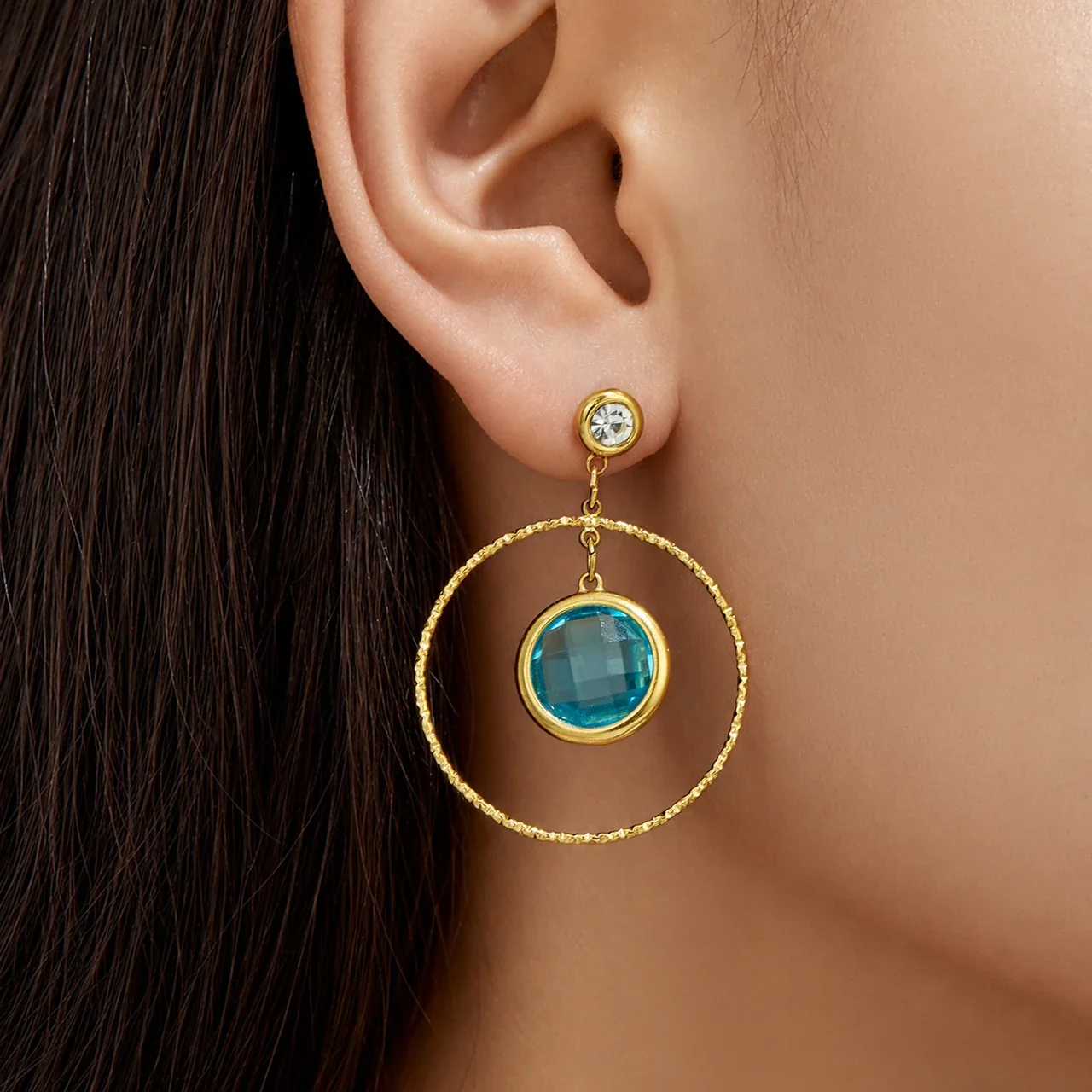 Textured Gold PVD Hoop Bezel Crystal Drop Earrings